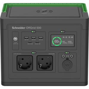 Schneider PPS500-GR |  OffGrid Portable Power Station 500, 230V, 517Wh Lithium-ion, LCD, 2 CEE 7/3 Schuko outlets, Sinewave, 3 USB-A, 2 USB-C, Wireless Charger